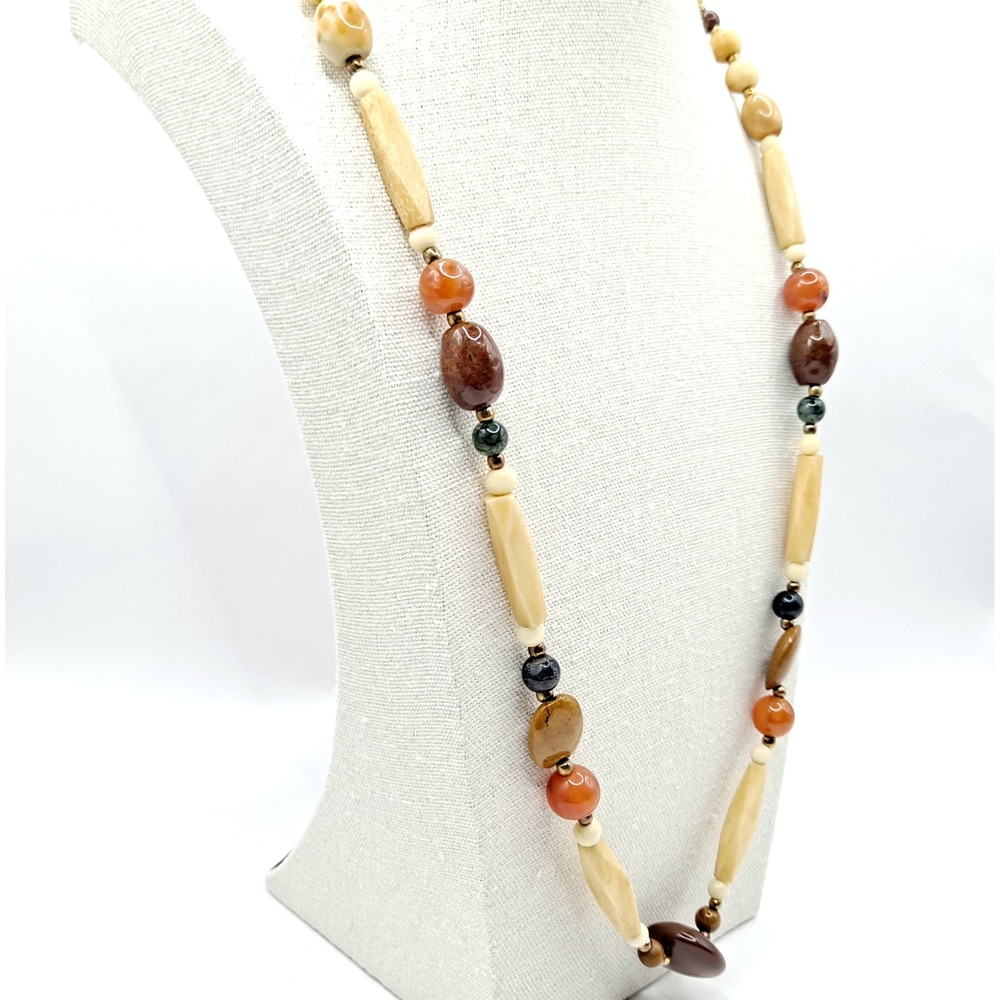 Vintage Beggars Bead Necklace Polished Stone Fall Earth Tones 28" - Picture 5 of 13